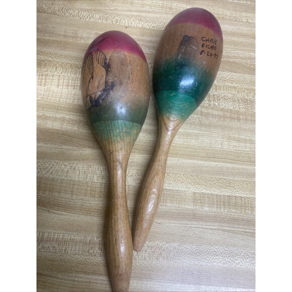 Set Of 2 Vintage Mexican Hand Painted Wooden Fiesta Maracas 1977 11.5” - Picture 1 of 7